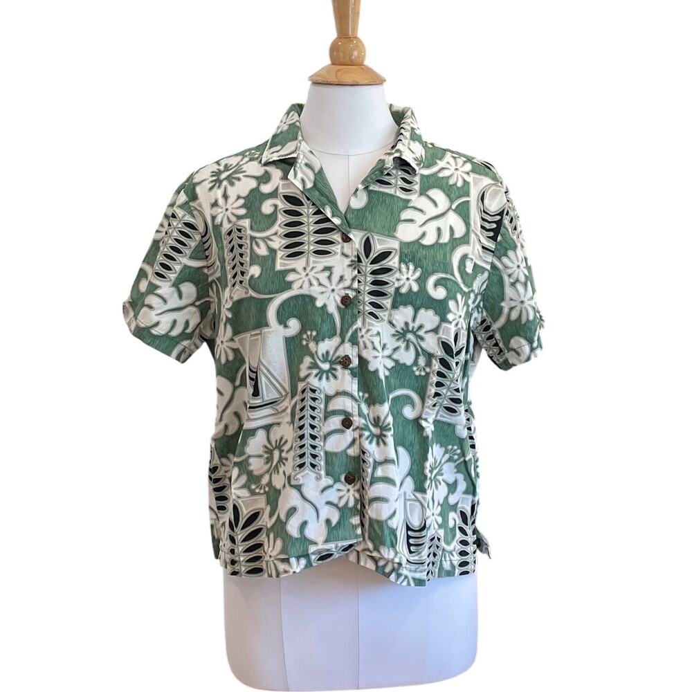 Vintage Hilo Hattie Short Sleeve Hawaiian Shirt, Green Tropical Print, L